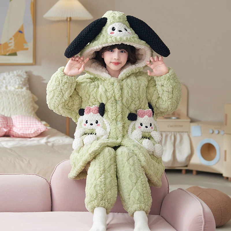 bejirog/北极绒卡通时尚开衫款珊瑚绒三层夹棉女童冬季睡袍两件套