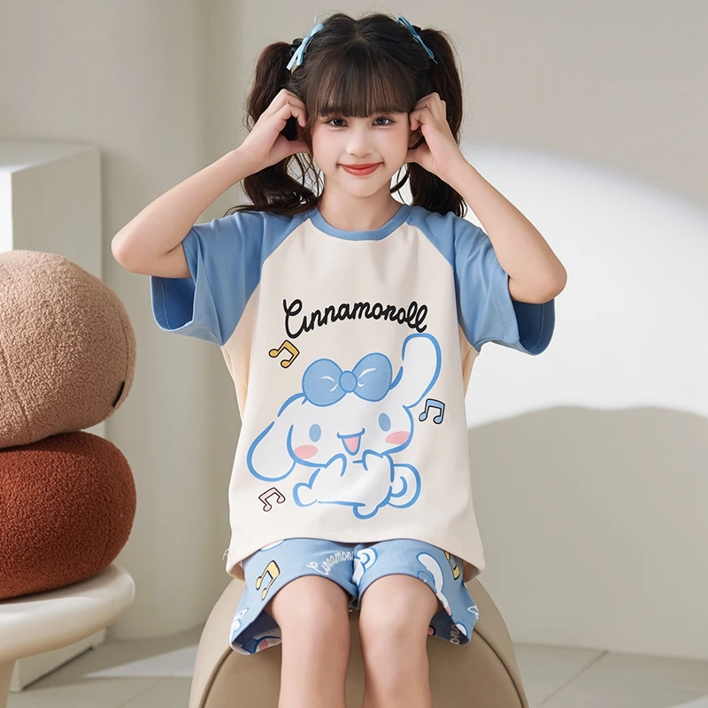 bejirog/北极绒中大童睡衣夏季薄款女童卡通纯棉亲子款家居服套装
