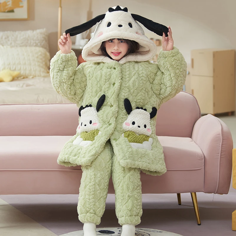 bejirog/北极绒大童珊瑚绒三层夹棉冬季洋气可爱风女童睡袍两件套