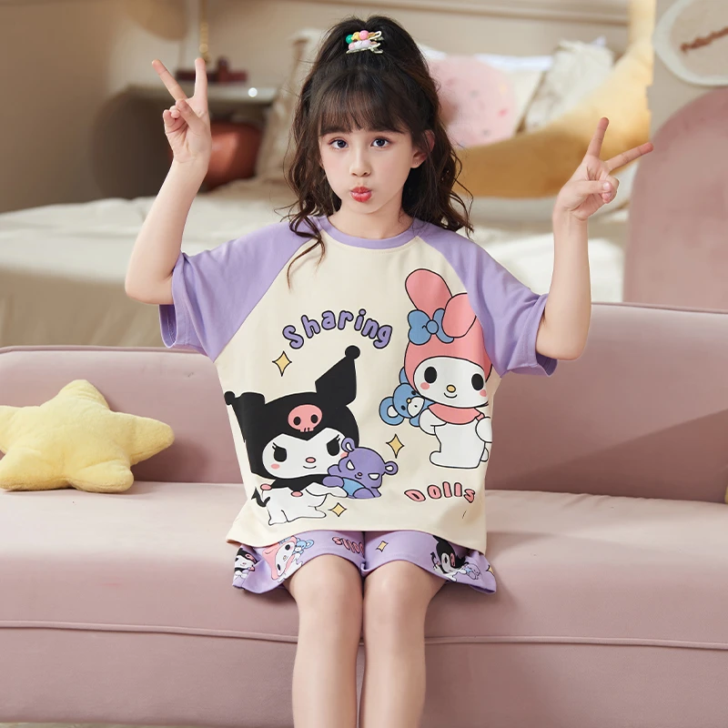 bejirog/北极绒夏季女童家居服中小童短袖纯棉休闲宽松睡衣两件套