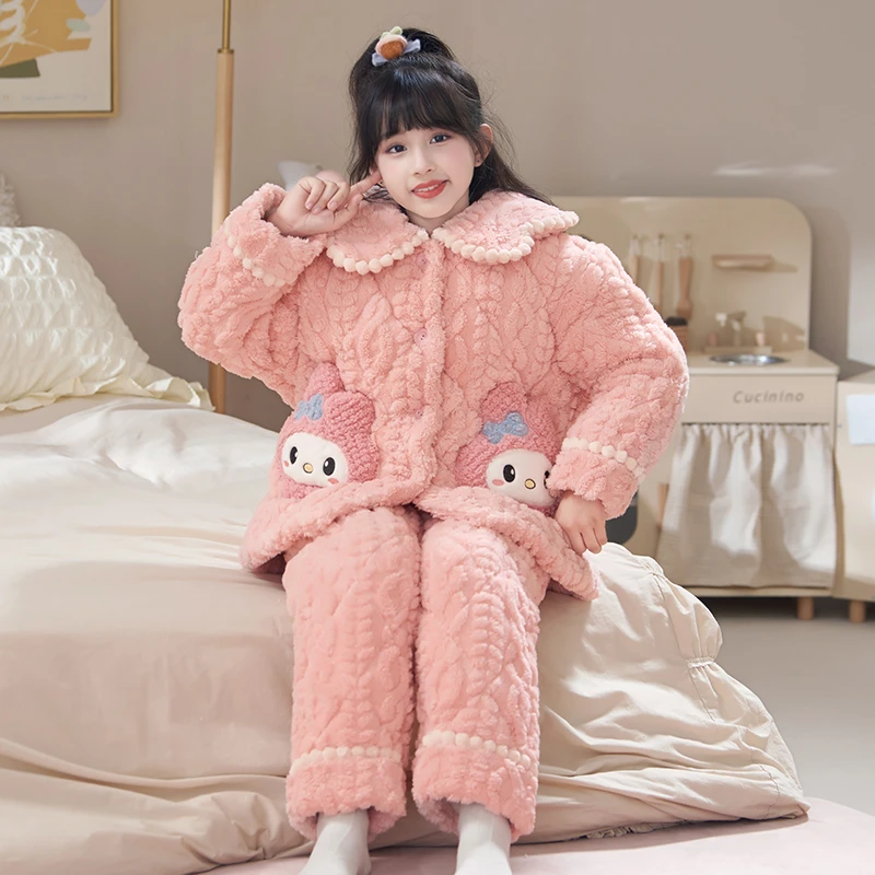 bejirog/北极绒甜美可外穿珊瑚绒保暖睡衣女童三层夹棉家居服套装