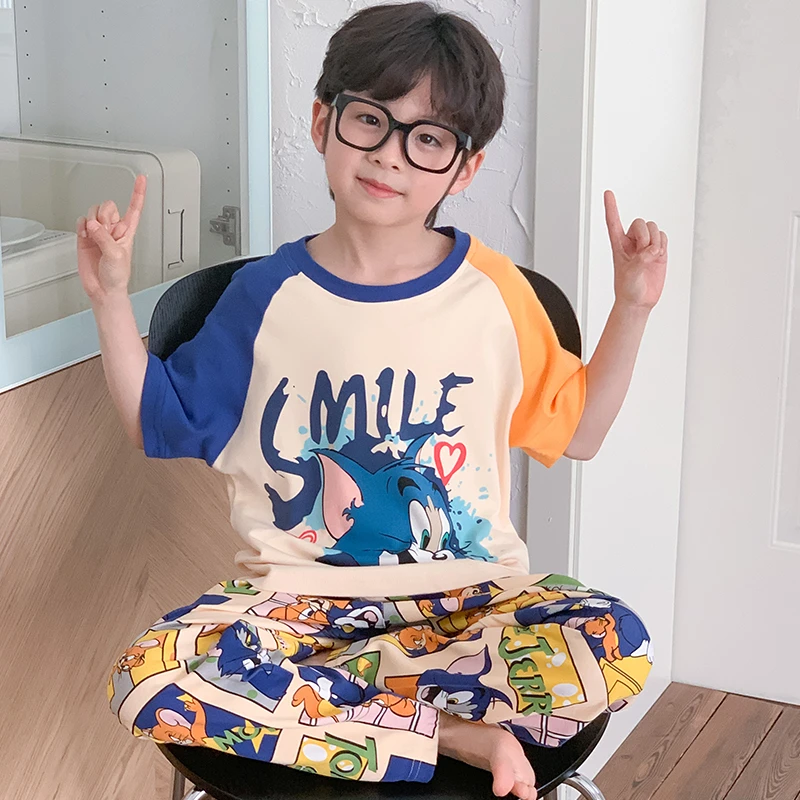 bejirog/北极绒男童睡衣纯棉短袖长裤休闲宽松中大童薄款居家套装