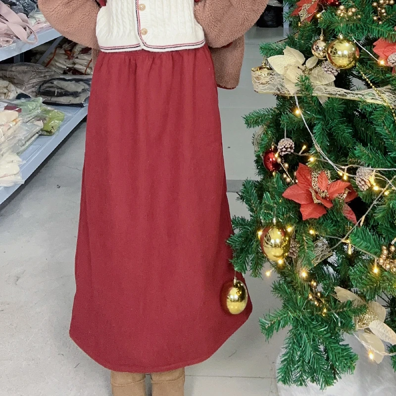 【红裙】新中式加绒灯芯绒半身裙冬季保暖裙子女装气质百搭时尚