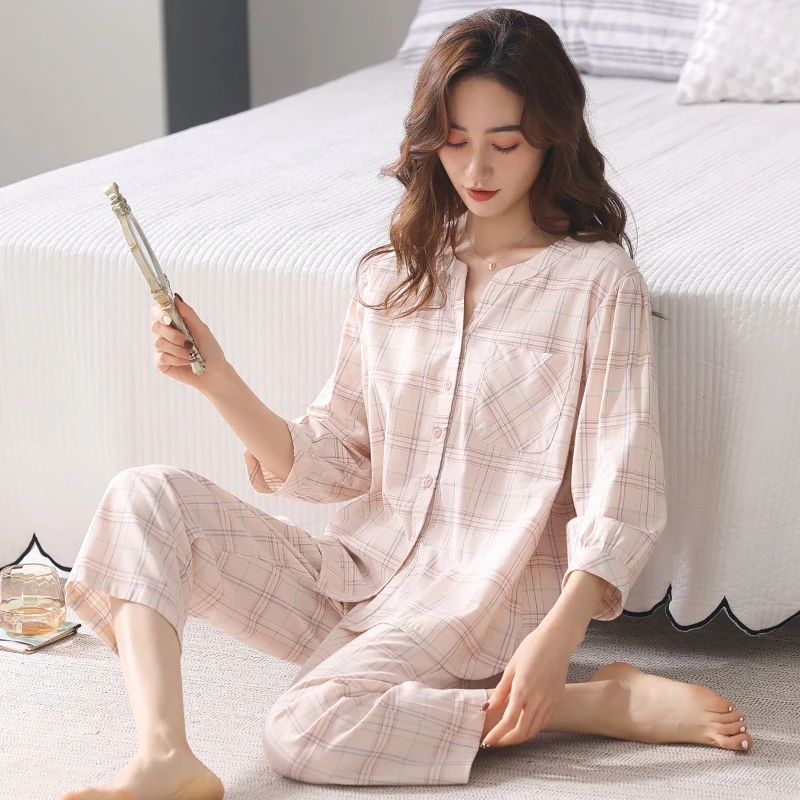 梭织纯棉纱布睡衣女夏季七分袖九分裤开衫大码家居服套装春秋薄款