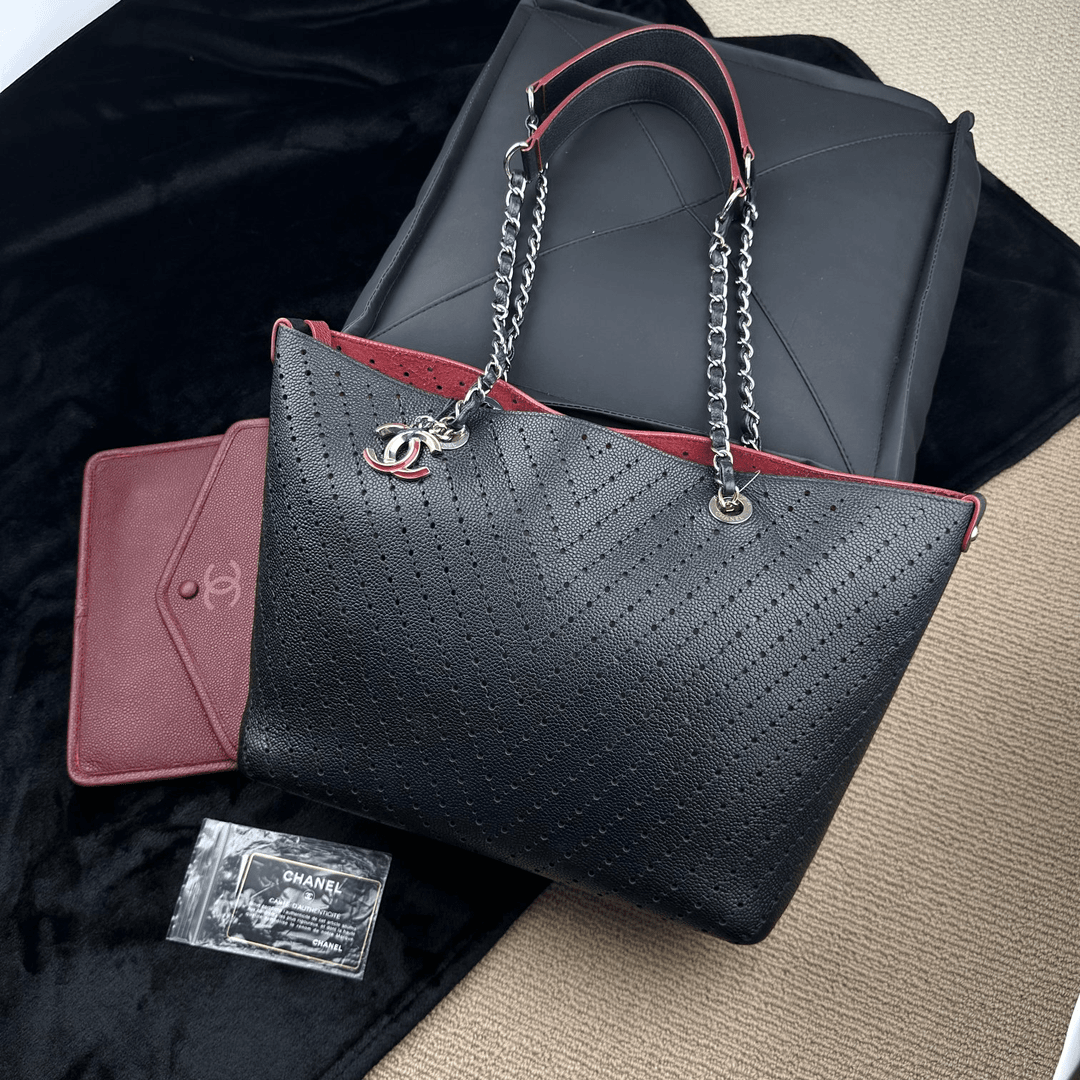 95新 Chanel/香奈儿 AW/黑银鱼子酱镂空购物袋
