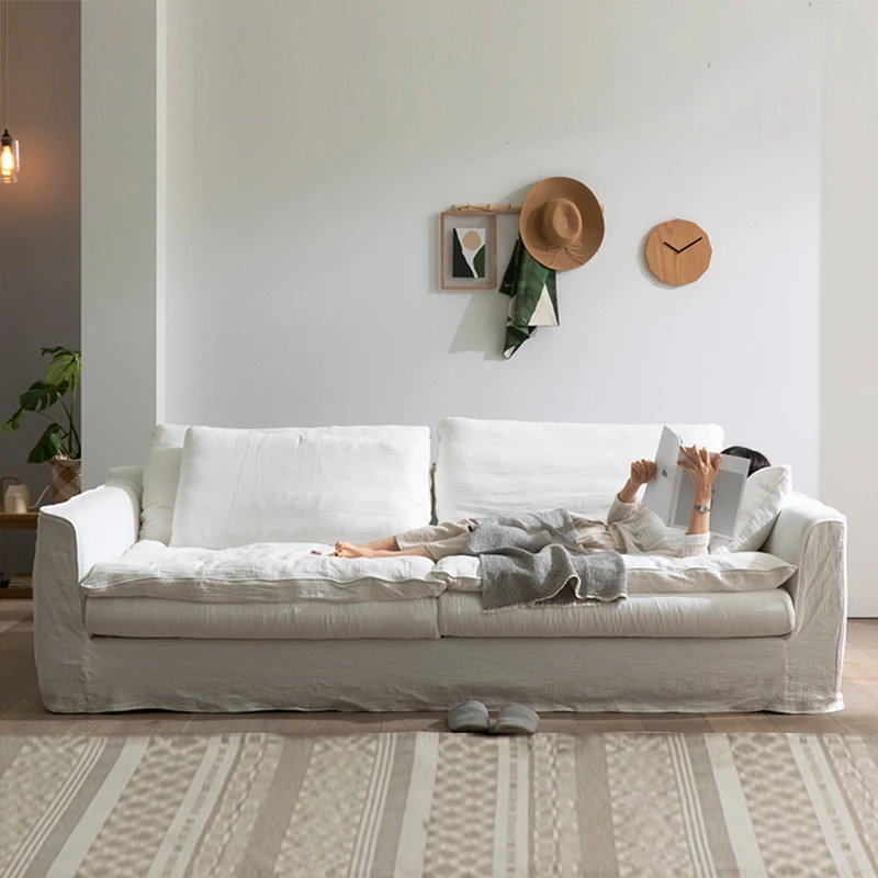 侘寂风怀抱沙发亚麻布艺客厅小户型可拆洗法式奶油风三人直排沙发