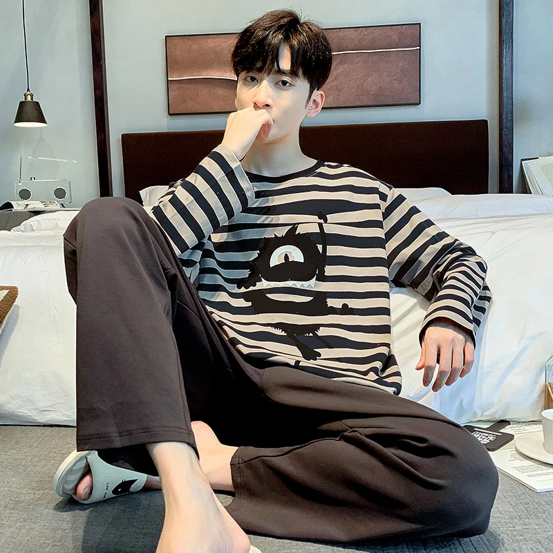 爆款条纹男士睡衣秋冬季纯棉长袖卡通青少年学生卡通男家居服套装