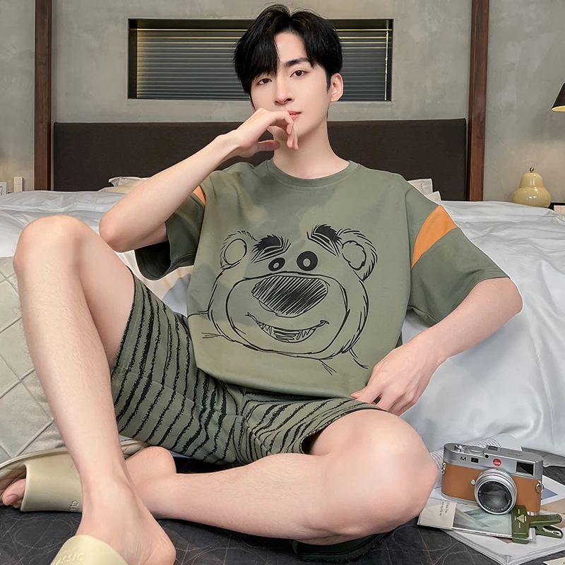 夏季男士睡衣纯棉短袖卡通学生青少年夏天全棉男款薄款家居服套装