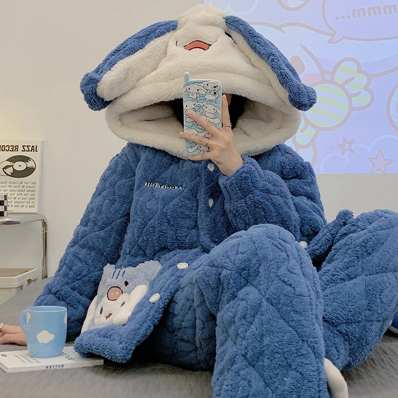 女士睡衣冬季珊瑚绒加厚加绒三层夹棉袄保暖冬款法兰绒家居服套装