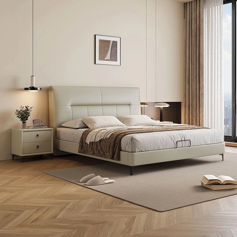 意式极简现代简约主卧双人床轻奢软包婚床小户型储物免洗真皮床