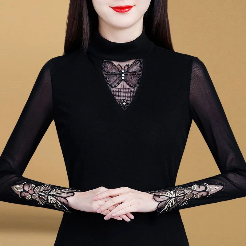 蕾丝打底衫女长袖秋季2023新款高领黑色上衣加绒气质时尚秋冬小衫