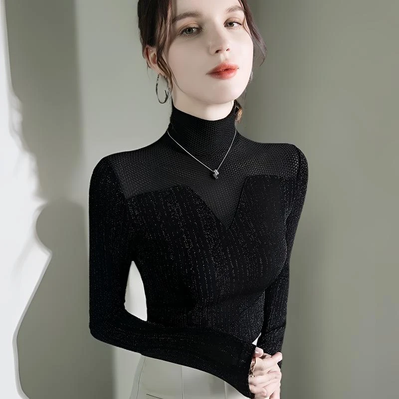欧货高领长袖网纱加绒打底衫秋冬季新款设计感百搭洋气亮丝T恤女