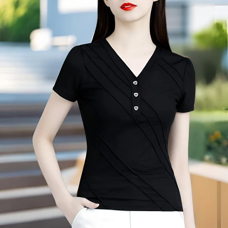 时尚中年妈妈装t恤女士夏季新款中老年洋气质v领小衫黑色显瘦上衣
