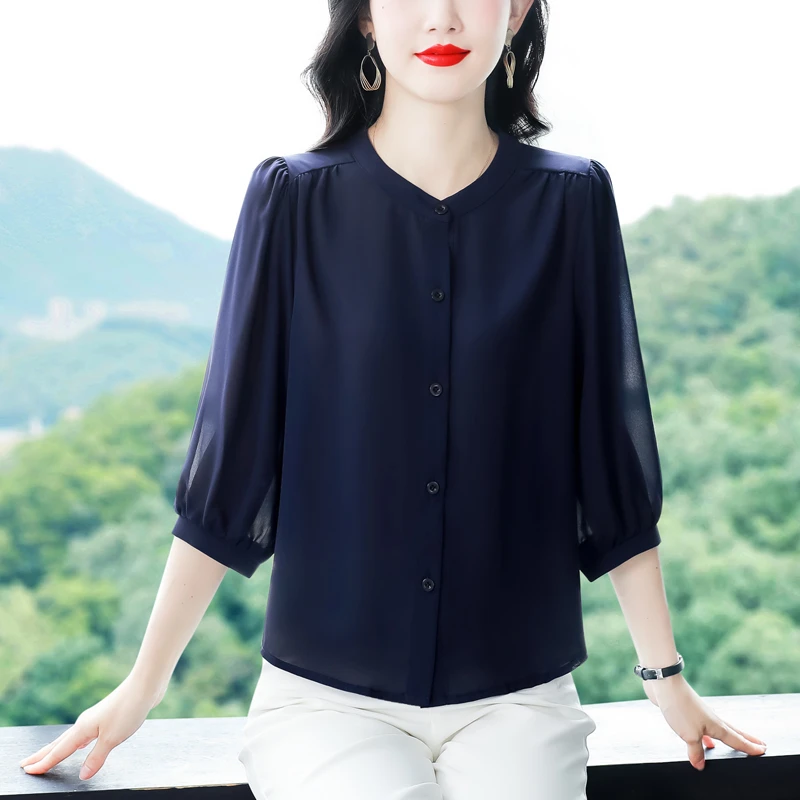 真丝衬衫女士衬衣中袖夏季新款高贵桑蚕丝上衣妈妈春秋七分袖小衫