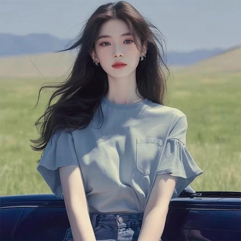雾霾蓝短袖T恤女夏季2024新款别致超好看减龄洋气显瘦荷叶边上衣