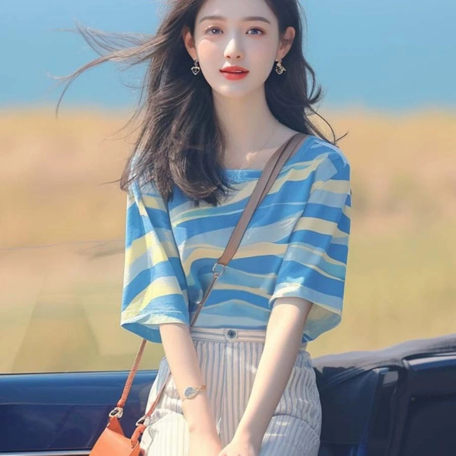 夏季韩系chic洋气独特别致小众上衣宽松百搭显瘦薄款条纹insT恤女