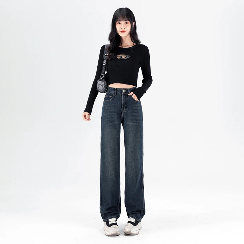 上新春秋极简高级百搭显瘦高腰窄版直筒牛仔裤阔腿裤垂感水泥灰