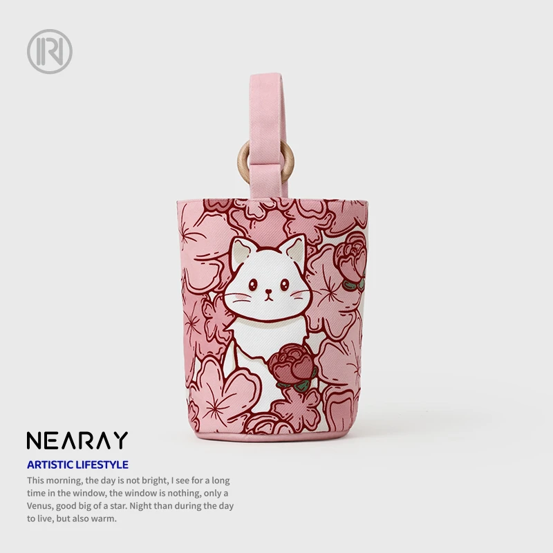 尼睿x桃花岛 原创插画新款印花手提水桶包女清新甜美可爱帆布包包