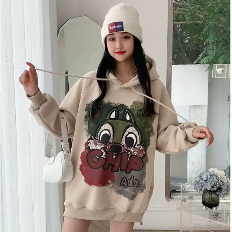 欧货2023秋冬季新款时尚韩版加绒卫衣外套女宽松休闲印花大版显瘦