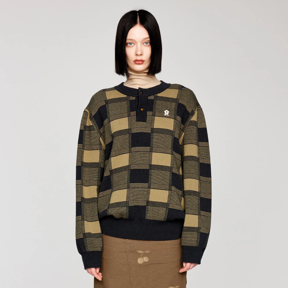 UOOYAA/乌丫冬季经典「Vintage」系列复古闪烁格纹毛衫套头毛衣9421