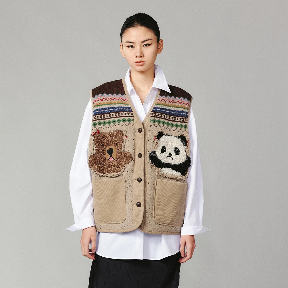UOOYAA/冬季经典款「熊熊系列」玩偶费尔岛棉服V领毛开衫马甲1162