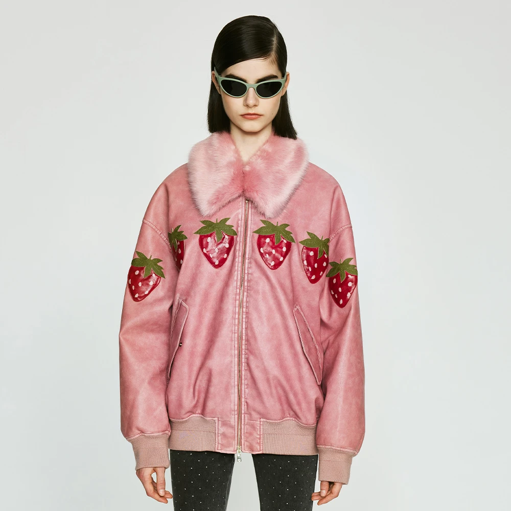 UOOYAA/乌丫「Vintage」系列可脱卸毛领草莓夹克外套UY23372W100372