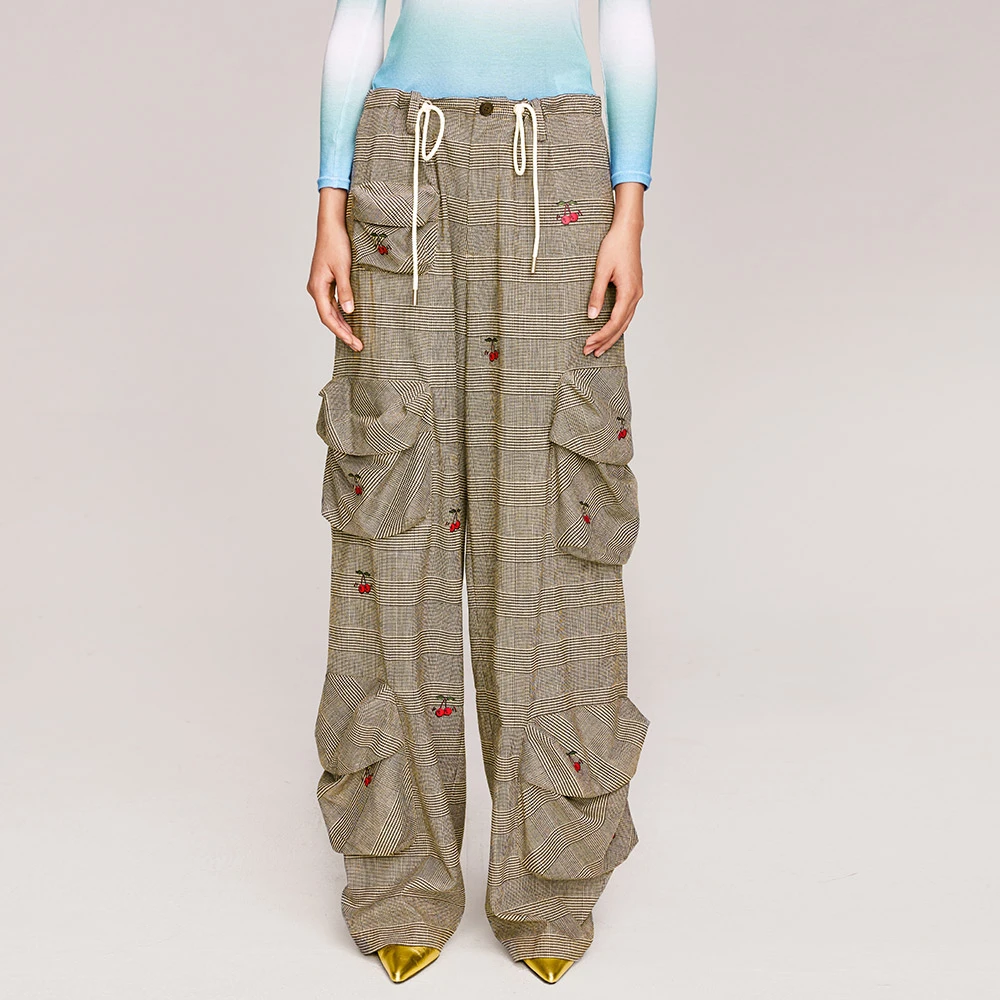 UOOYAA/乌丫休闲格纹樱桃阔腿裤UY23414K124543