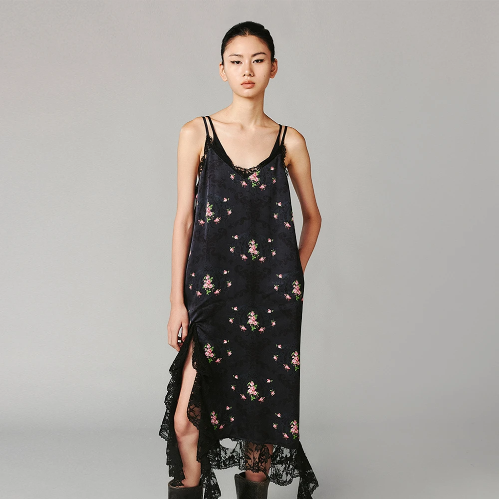 UOOYAA2024冬季新款欧式墙纸纹样花朵蕾丝吊带时尚连衣裙9204