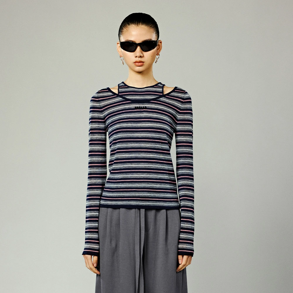 UOOYAA/乌丫水溶羊毛高级感条纹假两件套头毛衫UY24312M334163