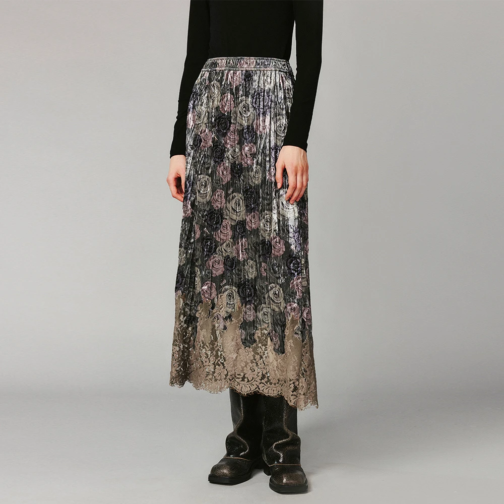 UOOYAA/乌丫冬季经典复古优雅迷彩气质蔷薇印花丝绒蕾丝半裙9201