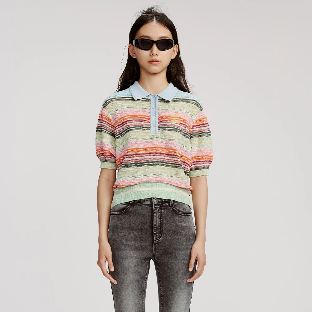 UOOYAA/乌丫秋季经典「动感樱桃」系列彩色条纹polo针织衫短袖9348