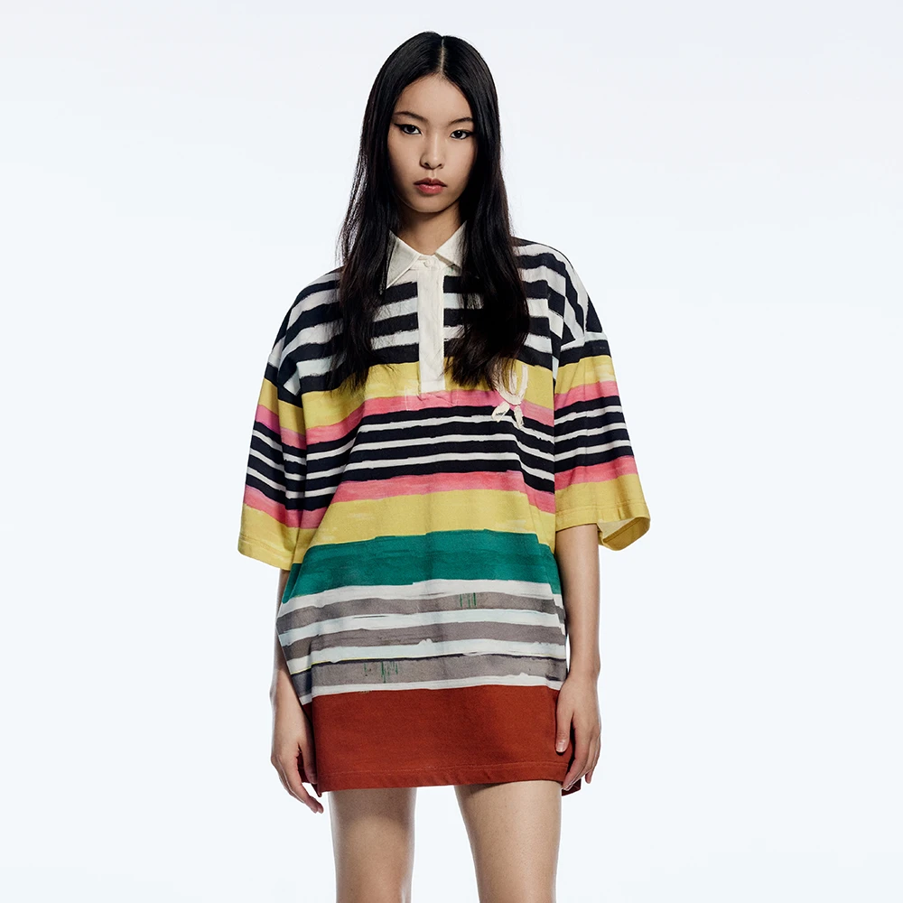 UOOYAA/乌丫「老爹POLO」做旧迷幻条纹T恤衫短袖上衣UY23232T109171