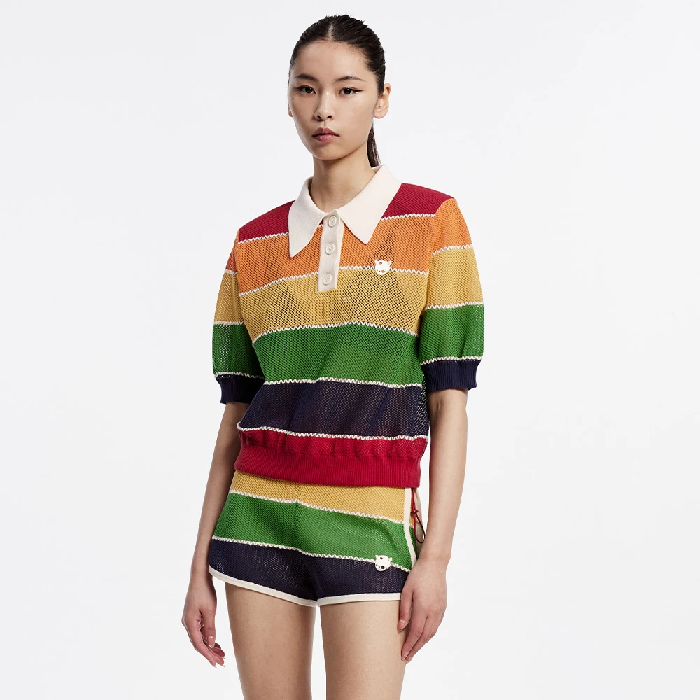 UOOYAA/乌丫「彩虹COLORS」翻领宽条纹毛衫T恤UY23232M205034