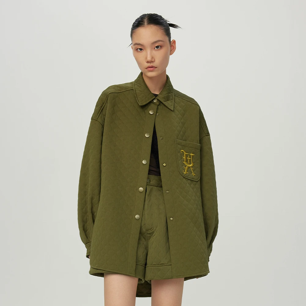 UOOYAA/乌丫经典军绿色波浪绗线衬衫外套UY22452A105177