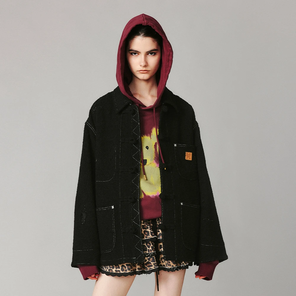 UOOYAA2024冬季新款勾勒结构线迹粗花呢密歇根复古时尚夹克5171