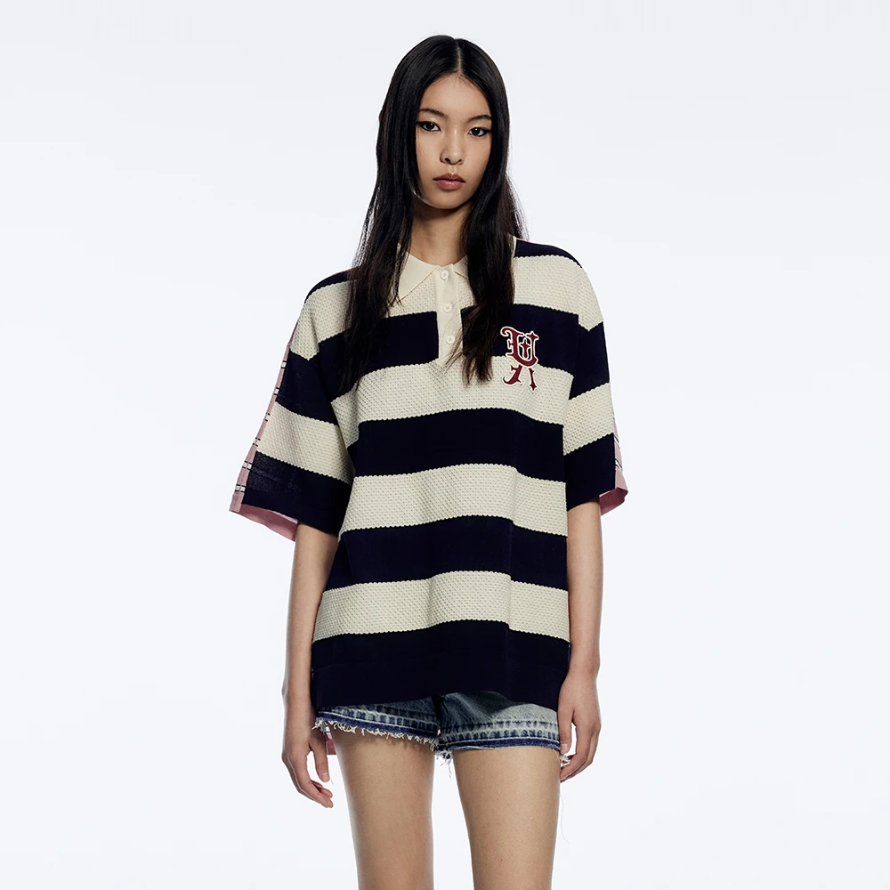 UOOYAA/乌丫「老爹POLO」拼色宽条毛衫T恤UY23232M209183