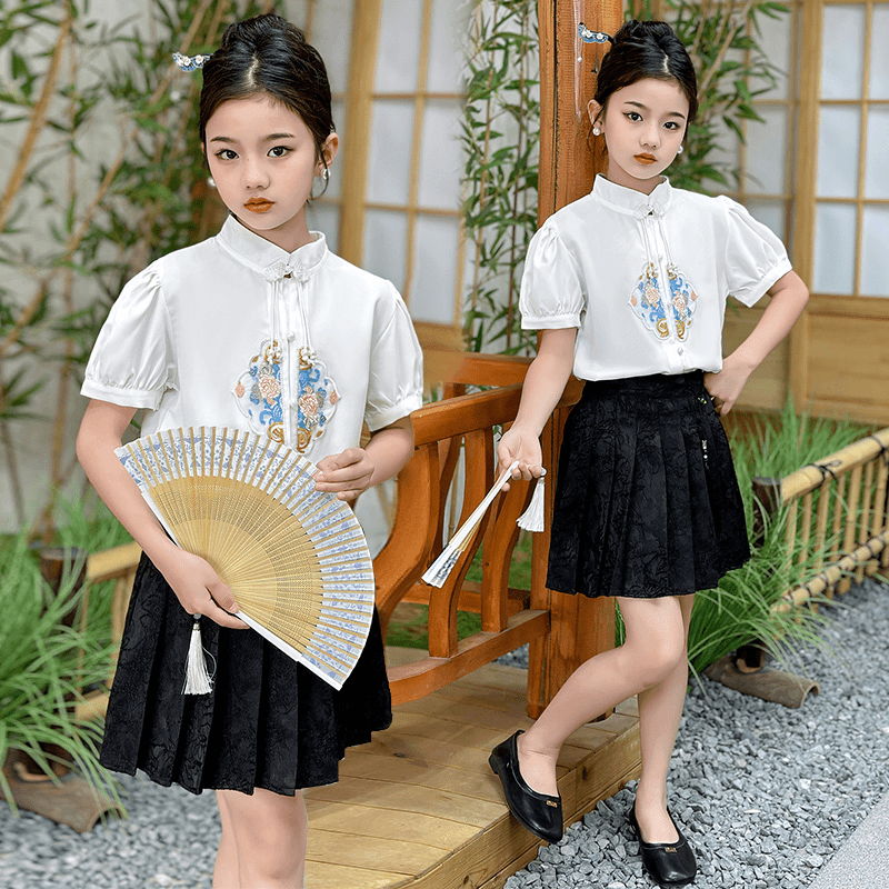 女童夏季短袖马面裙套装2024新款女大童中式衬衣短裙两件套中国风