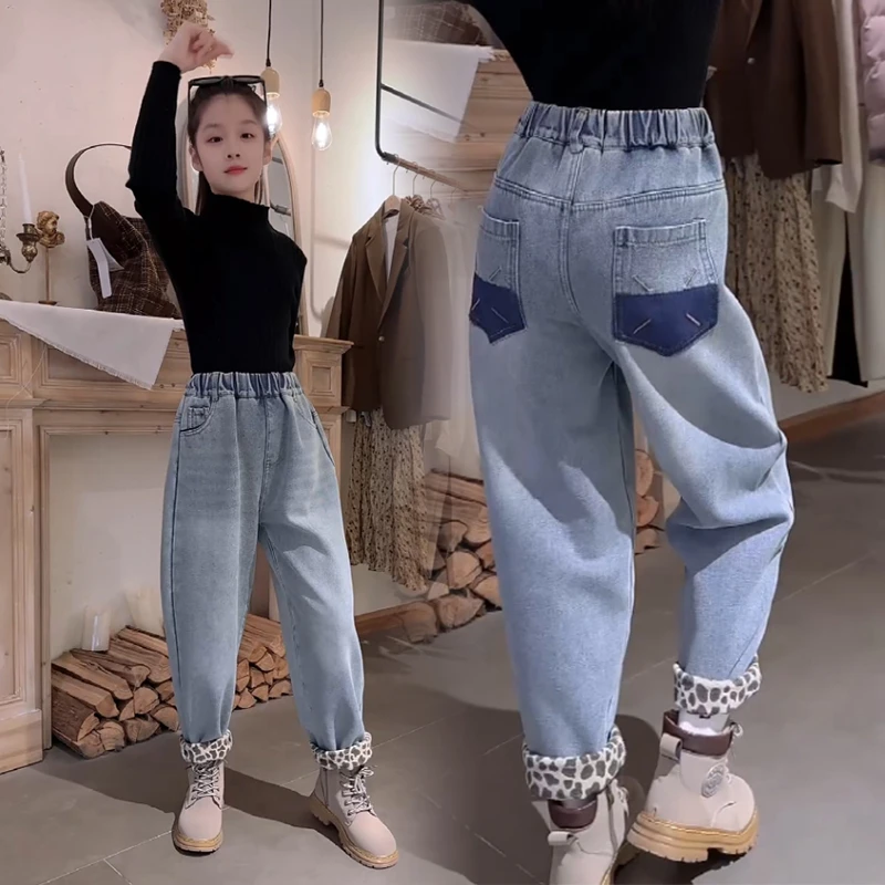 女童加绒牛仔裤冬款儿童加厚一体绒豹纹哈伦裤子中大童休闲老爹裤