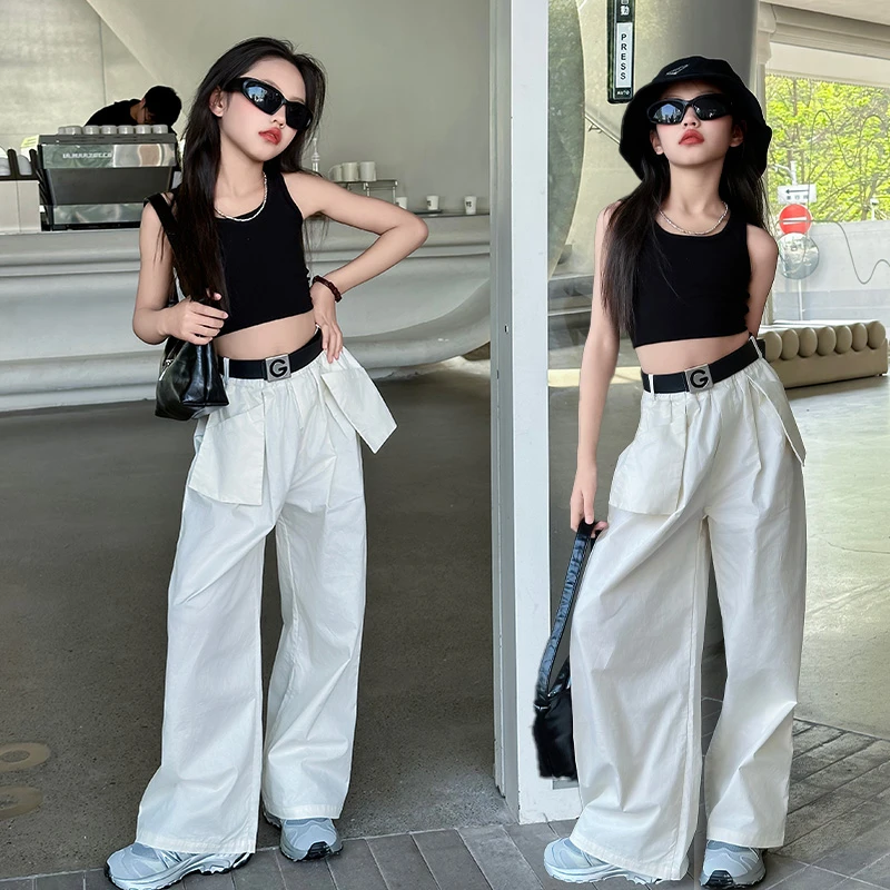 女童夏装工装裤子薄款儿童休闲外口袋直筒长裤大童背心阔腿裤套装