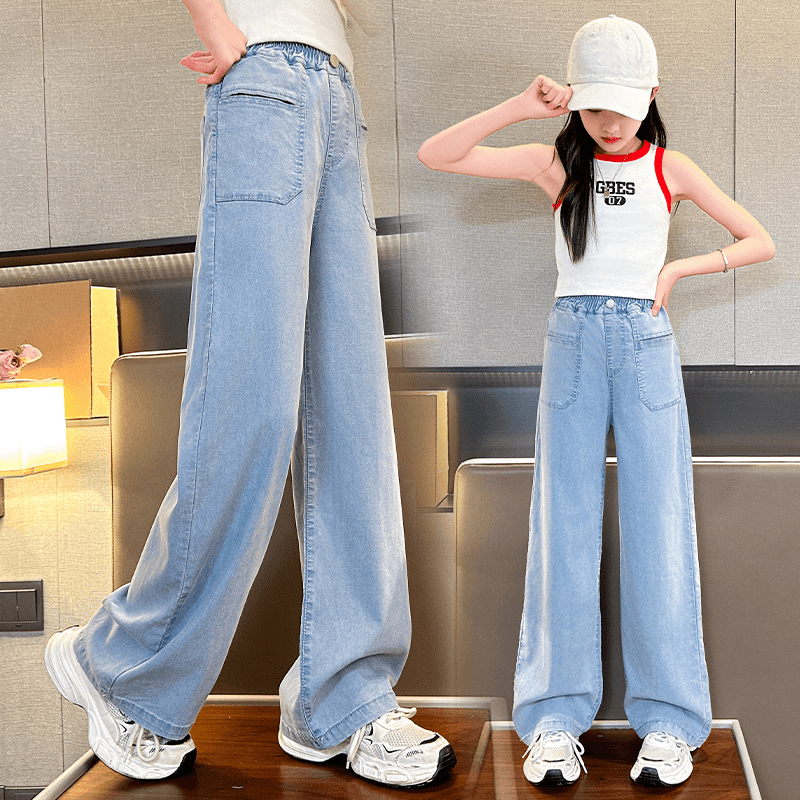 女童夏季牛仔裤薄款大童夏装仿天丝直筒阔腿裤垂感女孩儿童休闲裤