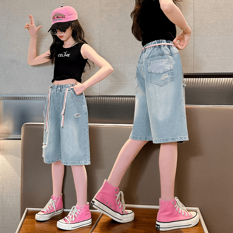 女童破洞牛仔裤夏季2024新款中大童洋气百搭五分裤儿童休闲中裤子