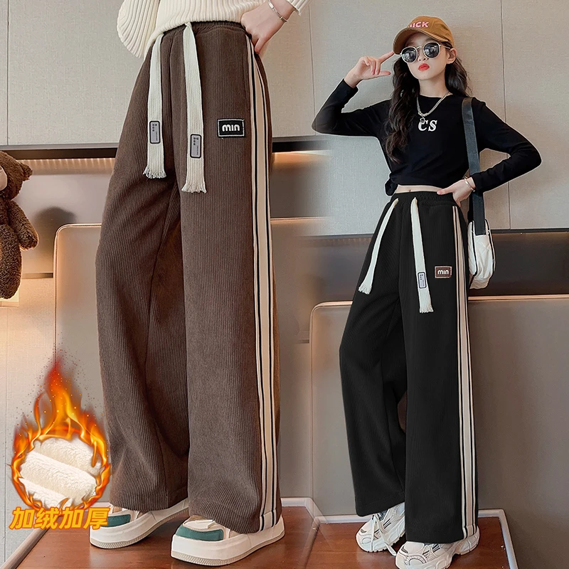 女童裤子秋冬装加厚直筒阔腿裤冬季长裤中大童卫裤宽松加绒运动裤