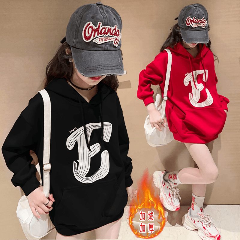 女童卫衣秋冬季大儿童中长款休闲连帽加绒打底衫冬装加厚保暖上衣