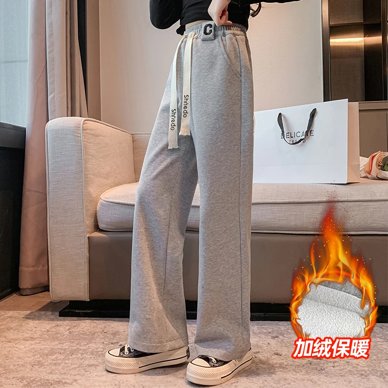 女童卫裤秋冬装大童休闲运动直筒阔腿裤儿童冬季加厚加绒拖地长裤