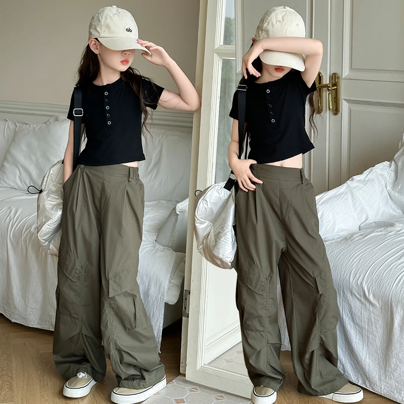 女童工装裤夏装2024新款儿童潮酷阔腿裤女孩大童夏季休闲裤子套装