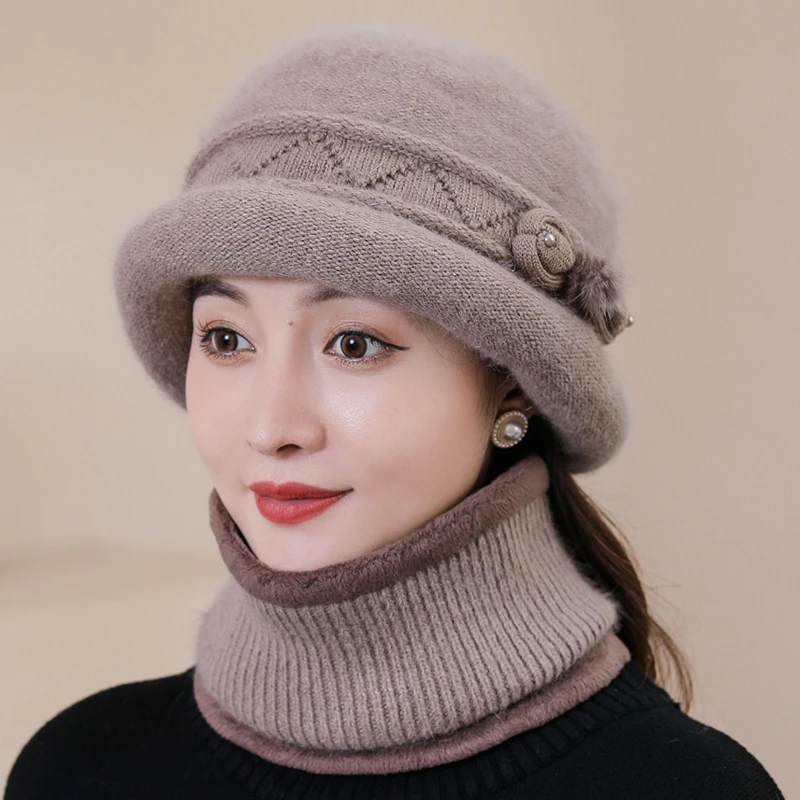 冬天老年人帽子女奶奶针织毛线帽加绒加厚兔毛保暖妈妈帽老太太帽