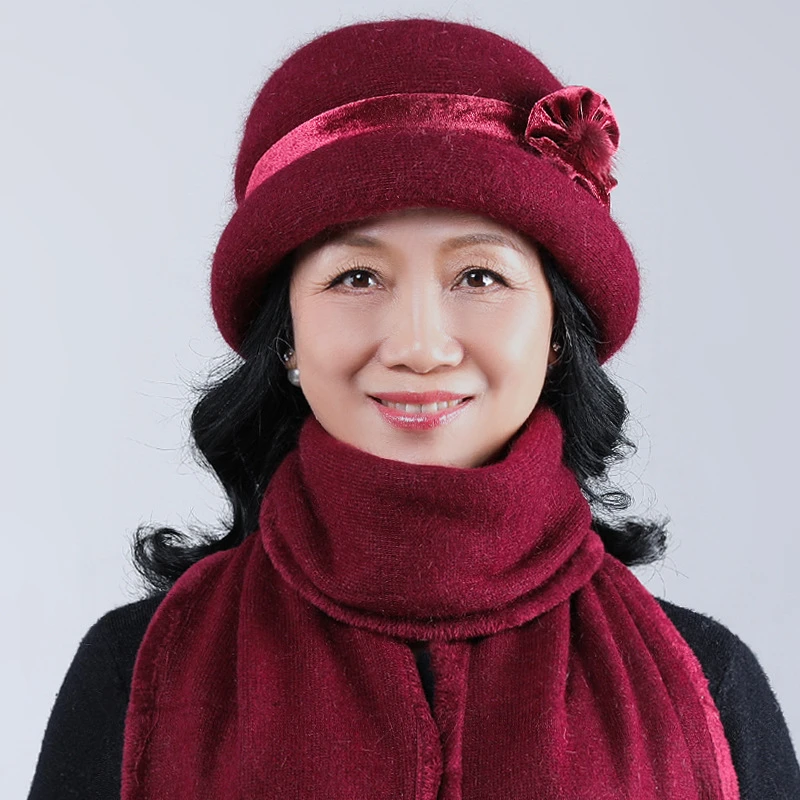 秋冬加厚兔毛中老年帽子女奶奶帽加绒老年人帽子妈妈毛线帽子围巾