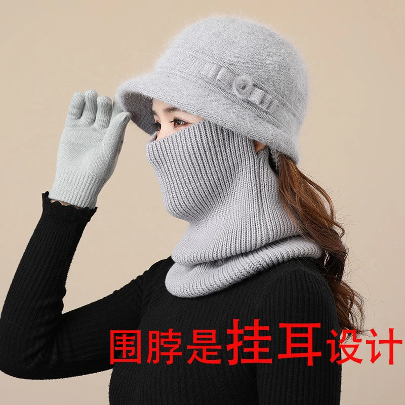 秋冬季保暖帽子围脖女士针织防寒盆帽中老年人妈妈加绒帽加厚防风
