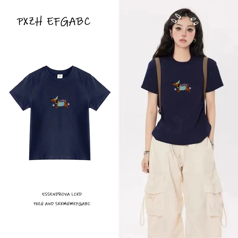 PXZH纯棉2024夏季韩版百搭新款印花修身休闲显瘦设计感短袖T恤女