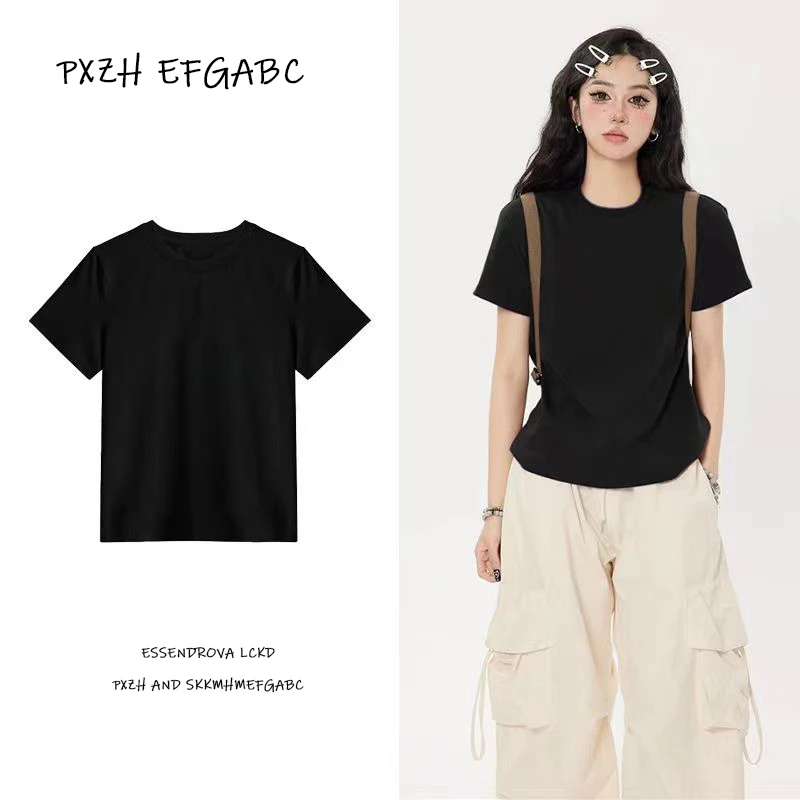 PXZH纯棉辣妹风正肩短袖夏季新款修身显瘦美式百搭打底衫T恤女ins